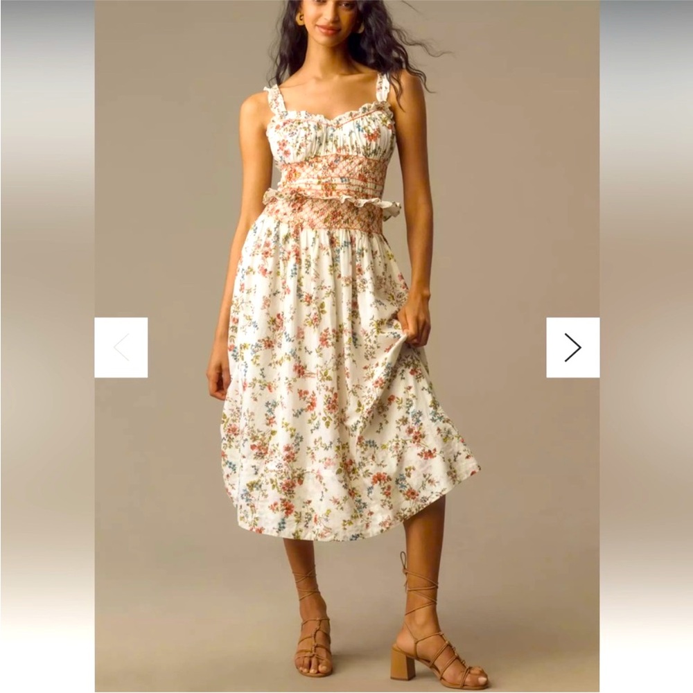 🌼 Anthropologie Boho Sleeveless Smocked-Waist Ruffled Midi Dress, L/XL
